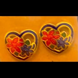 VINTAGE CLOISONNÉ POST STUD EARRINGS BRIGHT ROYAL BLUE HEART WITH FLOWERS